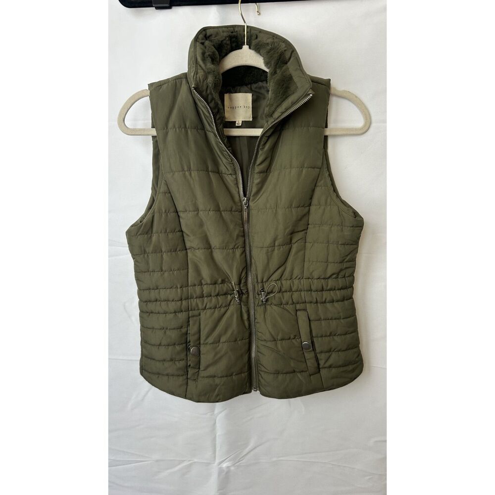 Copper Key Women's Olive Green Puffer Vest Large Drawstring Faux Fur Collar